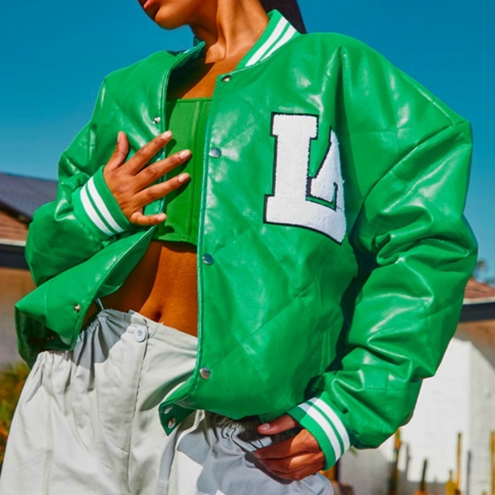 PRETTY LITTLE THING GREEN OVERSIZED FAUX LEATHER QUILTED BOMBER JACKET